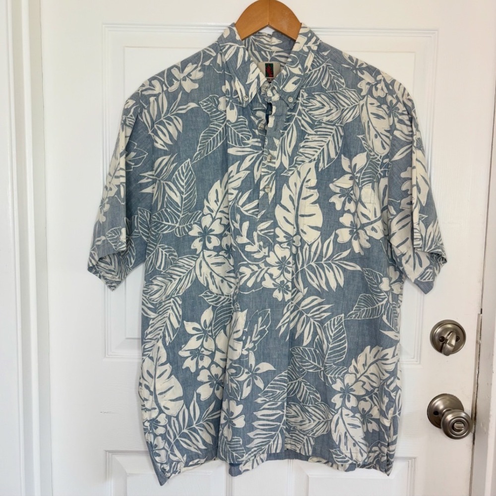 Tori Richard Hawaiian Aloha Pop-over Shirt Mens XL Blue Tropical Floral Leaf USA